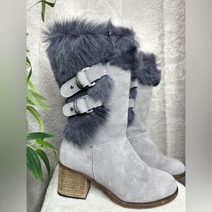 BEARPAW Women’s Madeline Gray Fog Suede Fur Block-Heel Boots Sz US 7